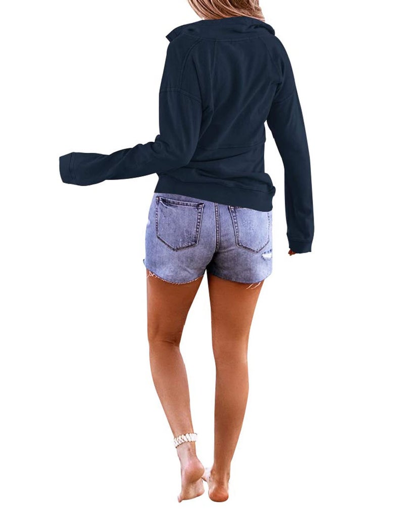 Floral Find Women's Long Sleeve Lapel Half Zip Up Sweatshirt Solid Stylish Loose Fit Casual Pullover Tops (Navy blue, X-Large) - Image 3